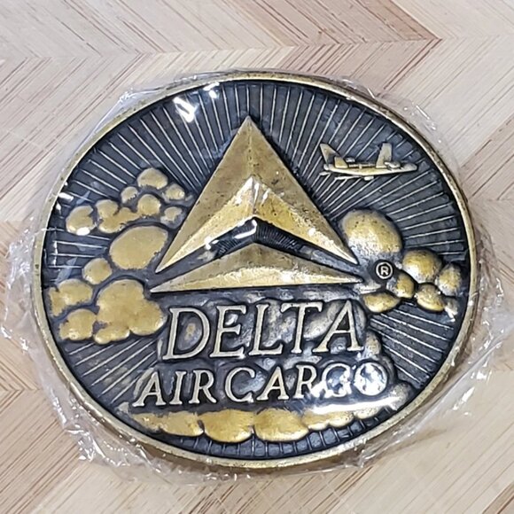 2 Mens Solid Brass Belt Buckles Vintage Made in USA Bass Fishing Delta Air - Picture 2 of 6